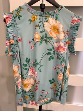 DR2 Aqua Floral Ruffle Sleeve Blouse